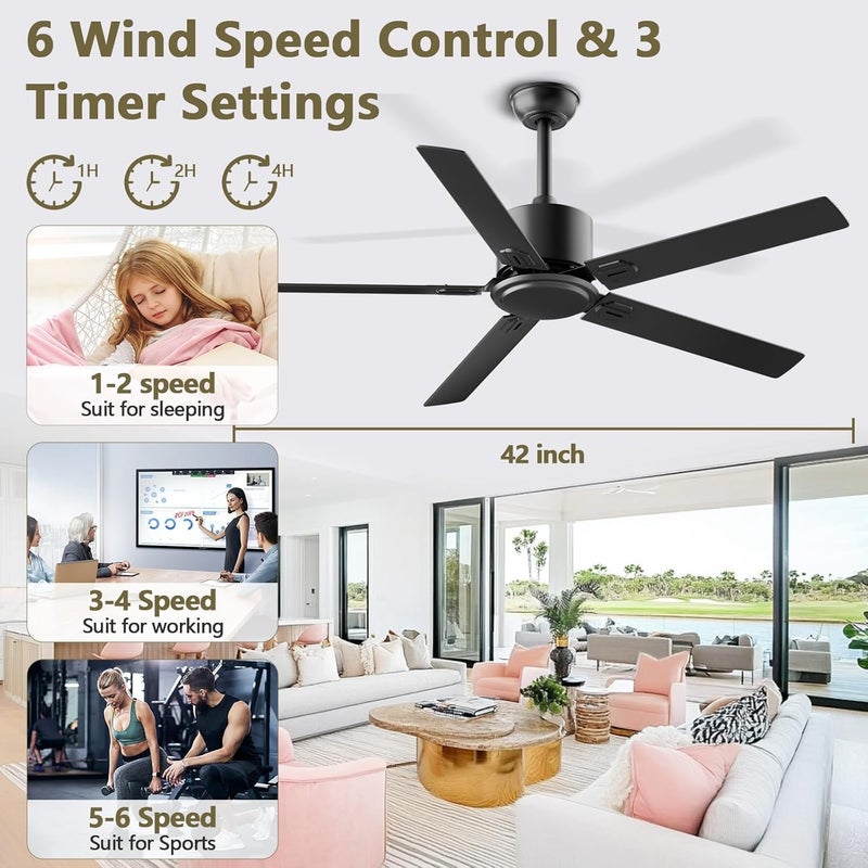 BECLOG Ceiling Fans With Remote 42 Inch Black Ceiling Fan No Light 6 Speeds Reversible Timing Noiseless Modern Ceiling Fan Without Lights For Bedroom Kitchen Indoor Outdoor (Black) - Image 4
